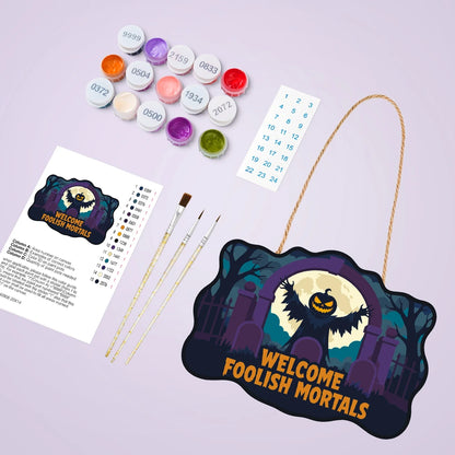 Paint by Numbers - Wooden Door Hanger | Welcome Foolish Mortals Pumpkin Bat