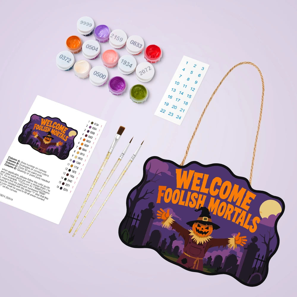 Paint by Numbers - Wooden Door Hanger | Welcome Foolish Mortals Pumpkin Scarecrow