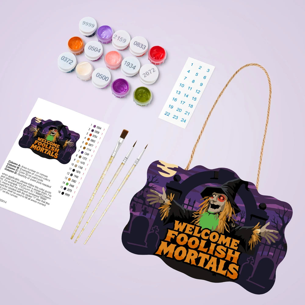 Paint by Numbers - Wooden Door Hanger | Welcome Foolish Mortals Scarecrow