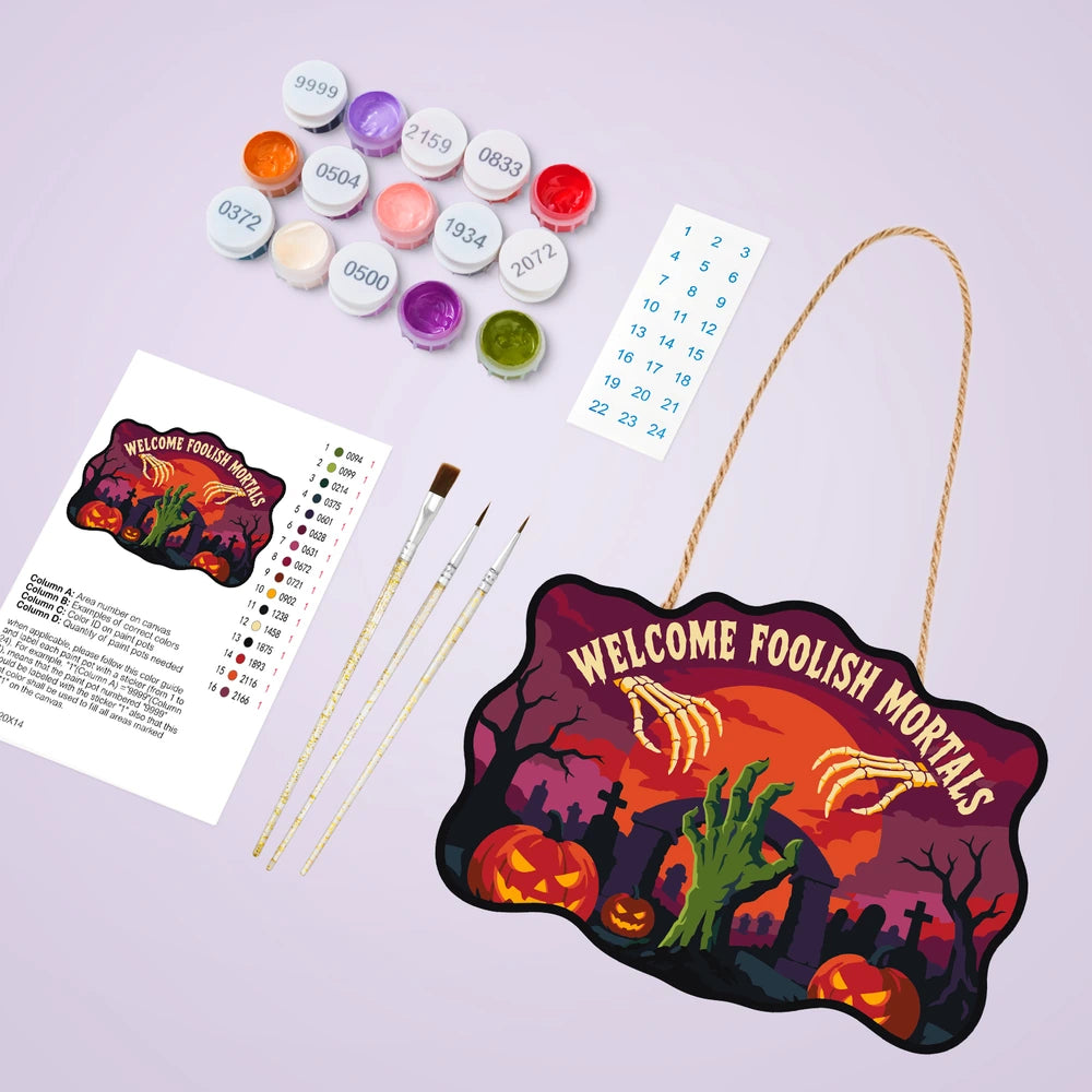 Paint by Numbers - Wooden Door Hanger | Welcome Foolish Mortals Zombie Hand