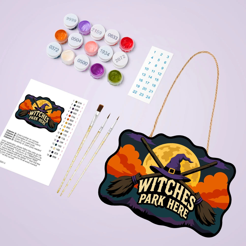 
Paint by Numbers - Wooden Door Hanger | Witches Park Here Crossed Brooms