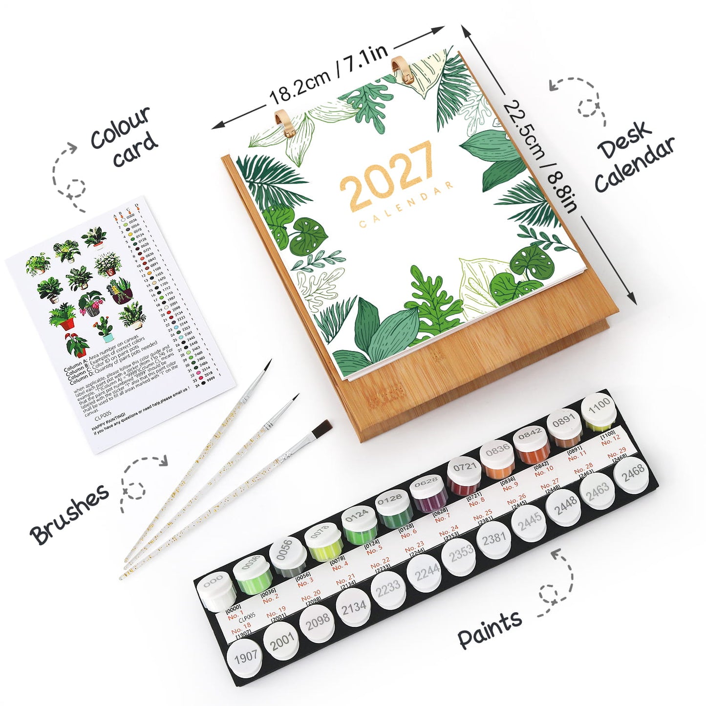A desk calendar set shown on a white background with dimension arrows and labels. The set includes a wooden-framed 2027 desk calendar with green tropical leaf illustrations, a colour card, two paintbrushes, and a tray of 24 watercolor paints.