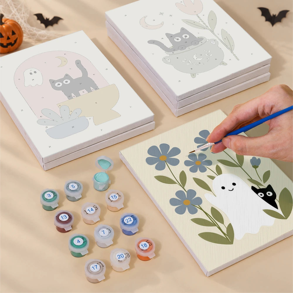 Paint by Numbers – 6 Mini Paintings | Black Cats Among Wildflowers Set