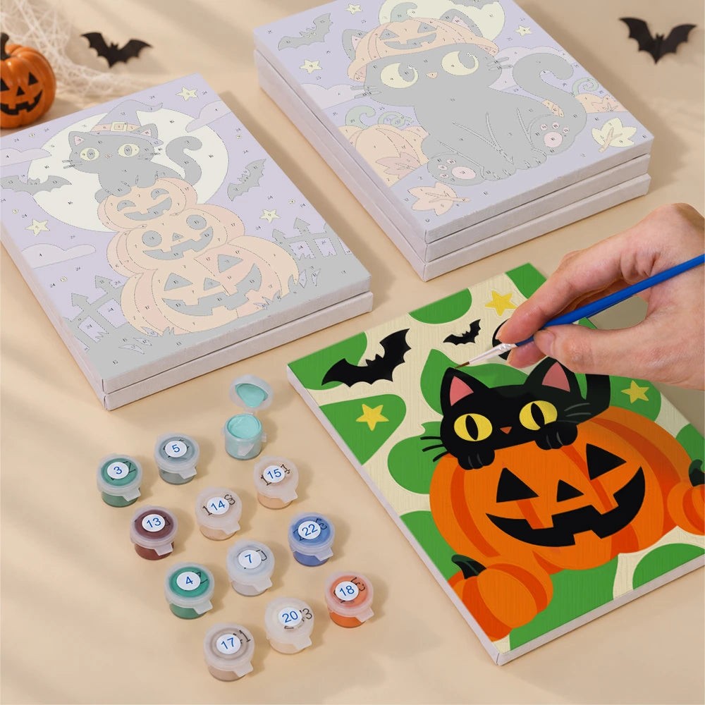 
Paint by Numbers – 6 Mini Paintings | Black Cats on Jack-o'-Lanterns Set