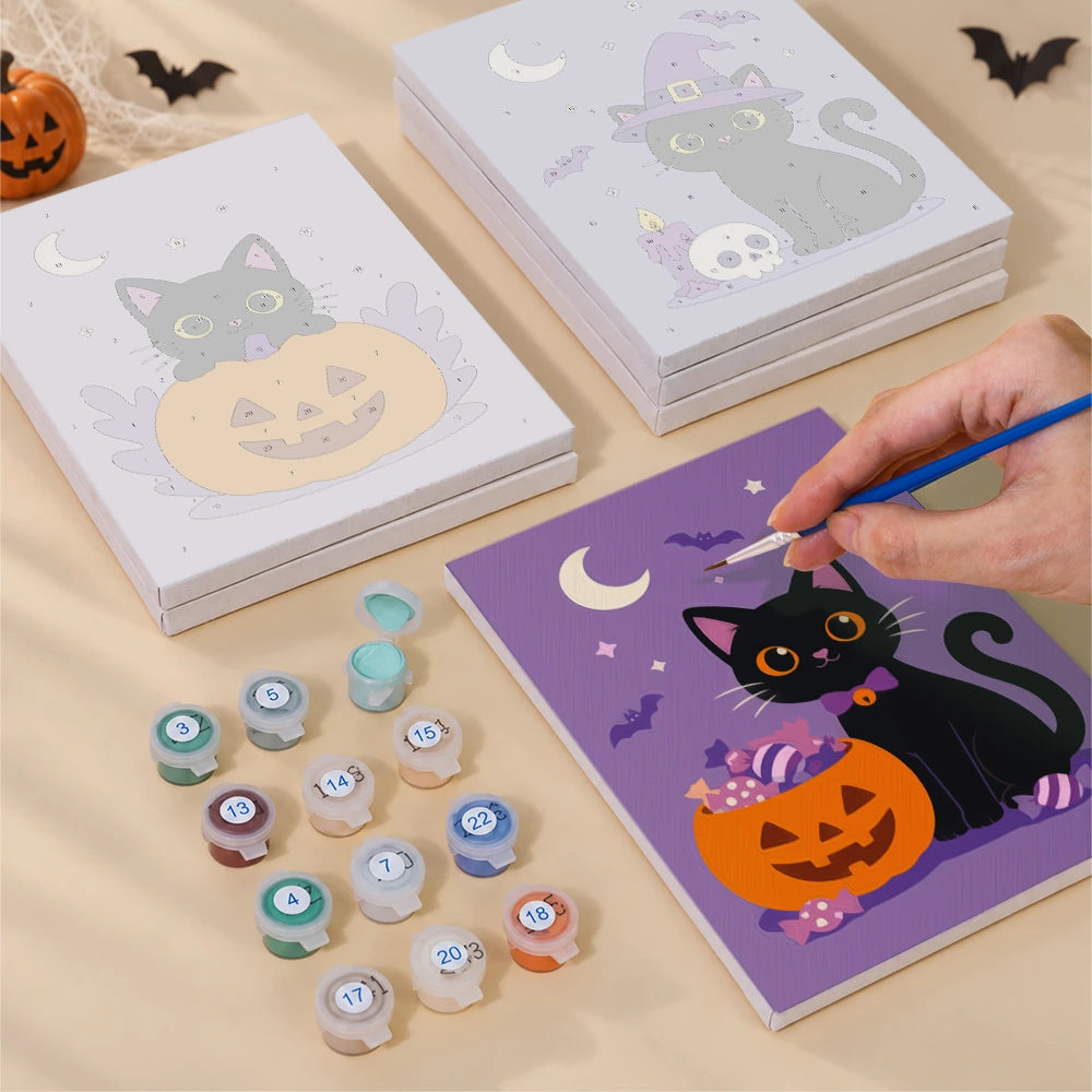 
Paint by Numbers – 6 Mini Paintings | Black Cats with Jack-o'-Lanterns Set
