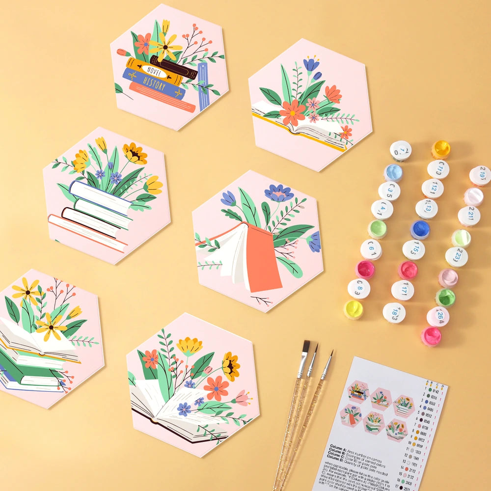 
Paint by Numbers – 6 Mini Paintings | Books and Flowers Hexagons (Hexagon)