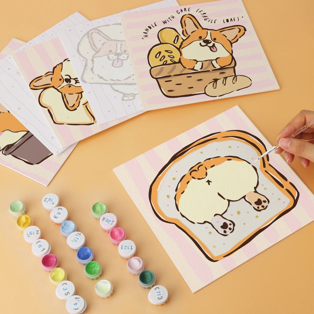 
Paint by Numbers – 6 Mini Paintings | Corgi Bread Bakery (Square)