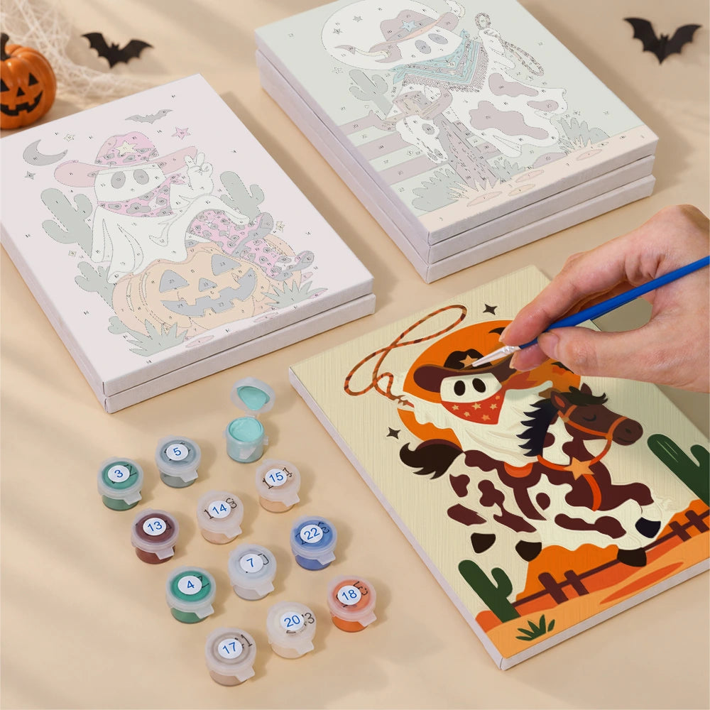 
Paint by Numbers – 6 Mini Paintings | Cowboy Ghosts and Pumpkins Set