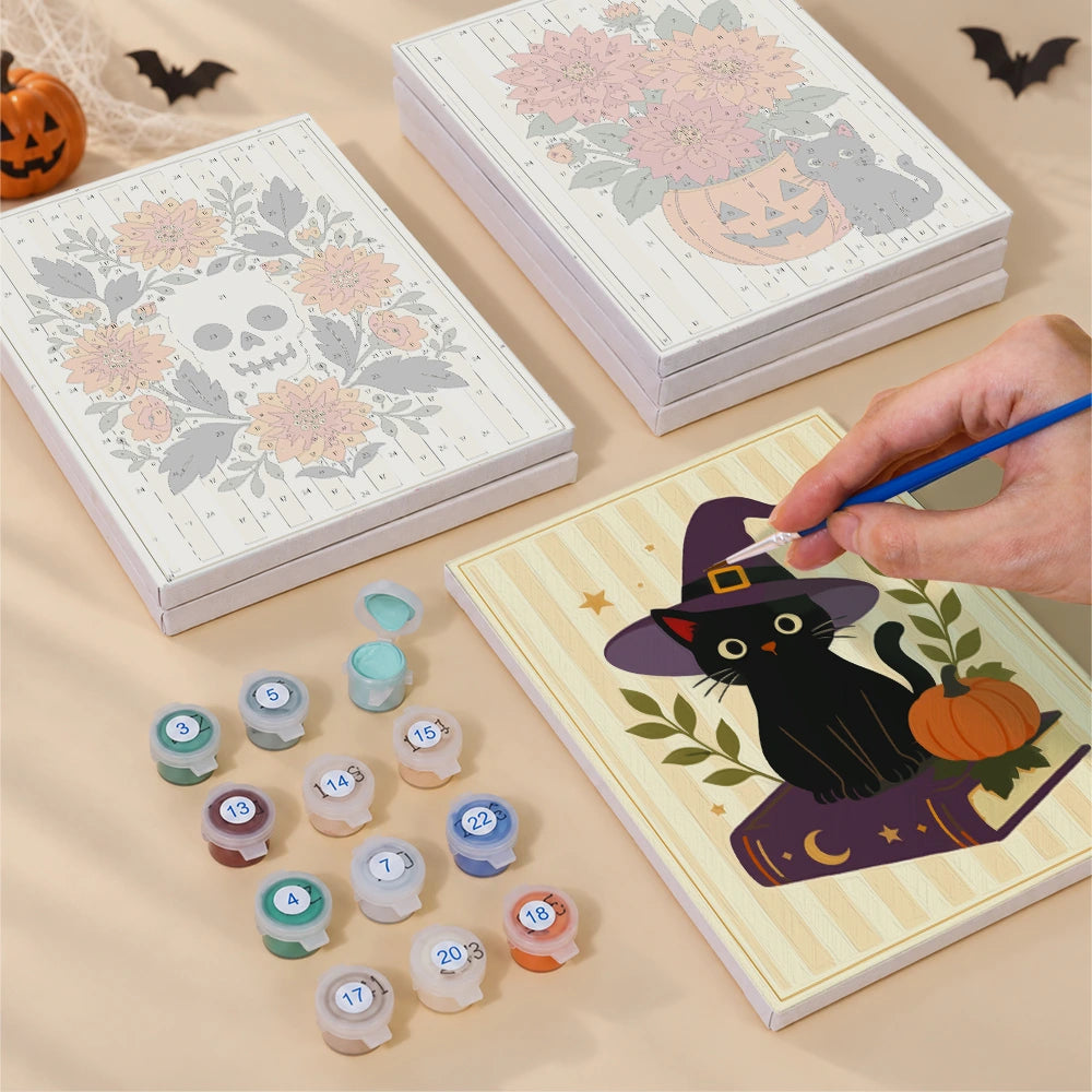 Paint by Numbers – 6 Mini Paintings | Floral Halloween Cats and Pumpkins Set
