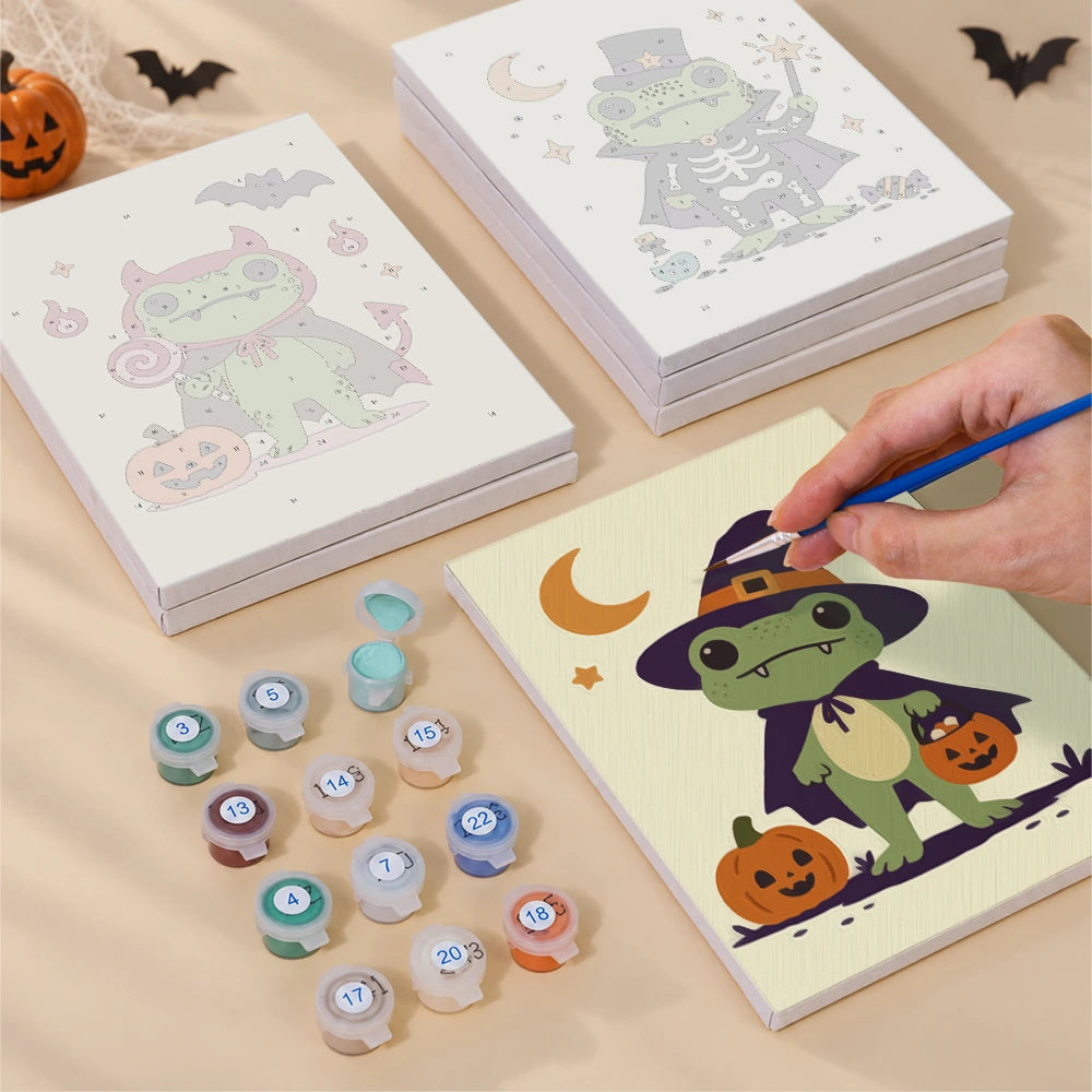Paint by Numbers – 6 Mini Paintings | Frogs in Halloween Costumes Set