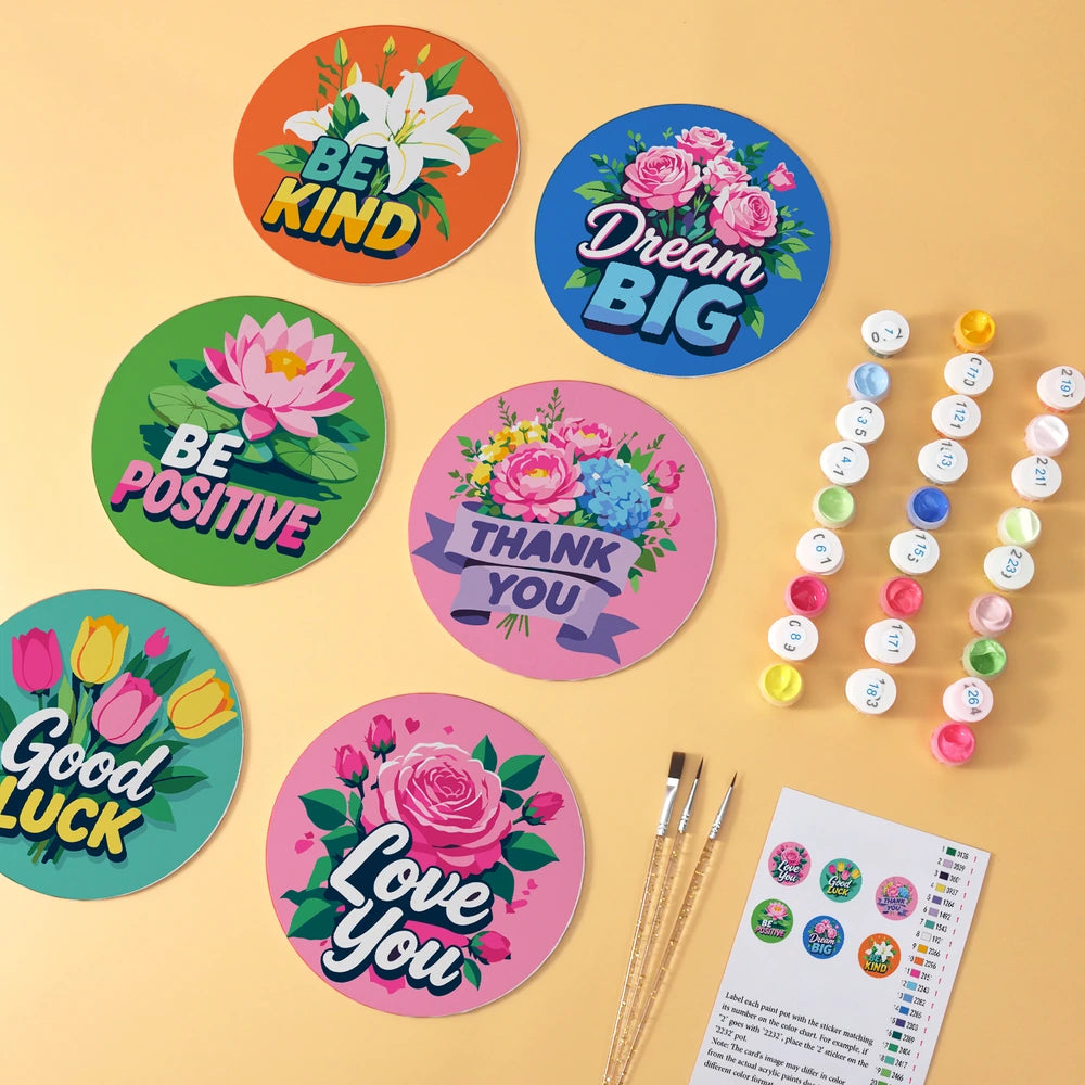 
Paint by Numbers – 6 Mini Paintings | Kind Words Flower Rounds (Round)