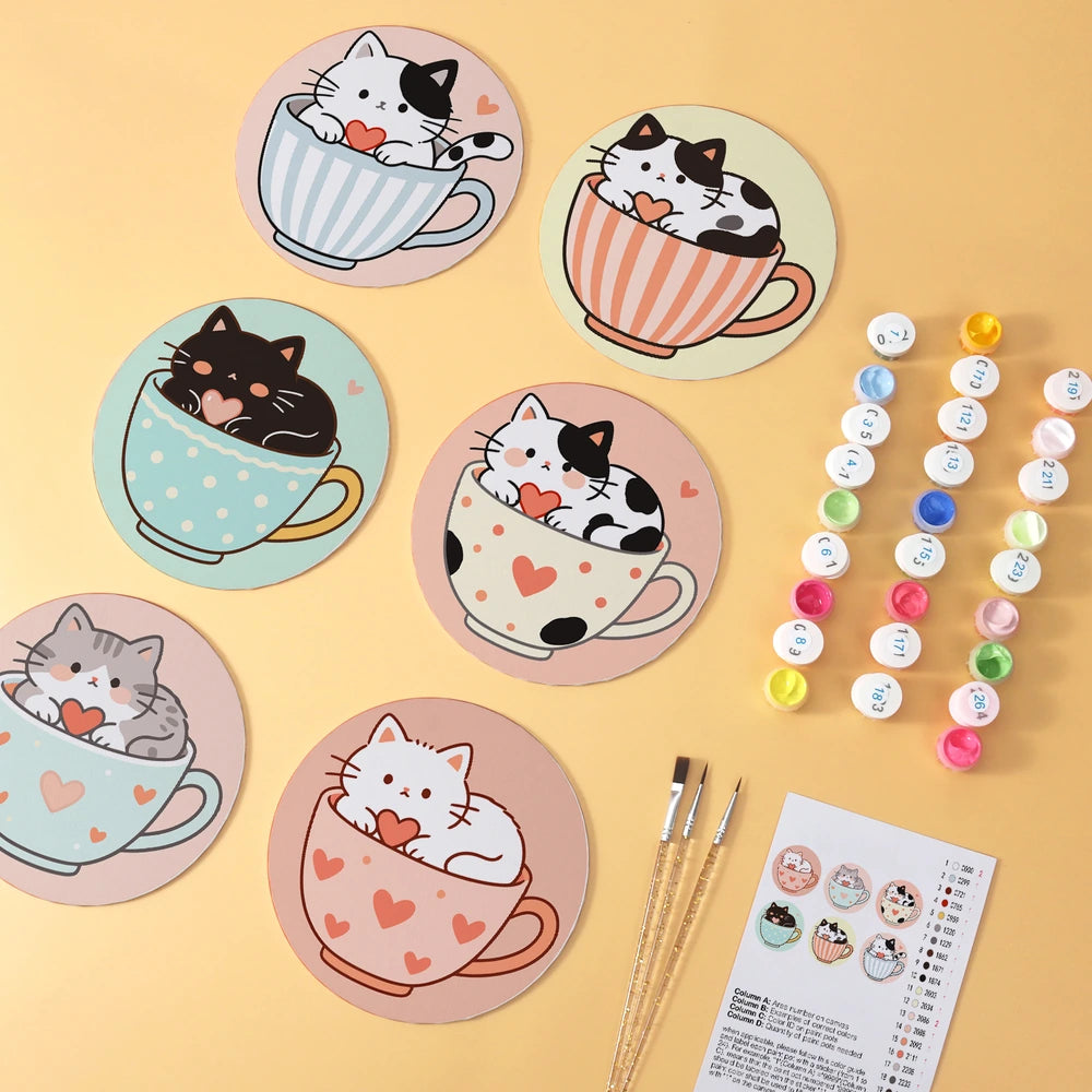 Paint by Numbers – 6 Mini Paintings | Kittens in Teacups (Round)