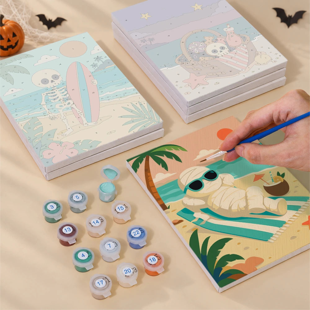 Paint by Numbers – 6 Mini Paintings | Monsters on Beach Vacation Set