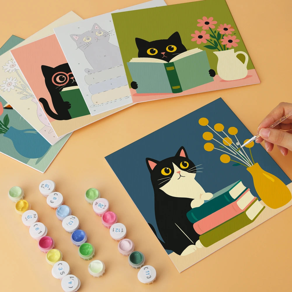
Paint by Numbers – 6 Mini Paintings | Reading Cats with Books (Square)