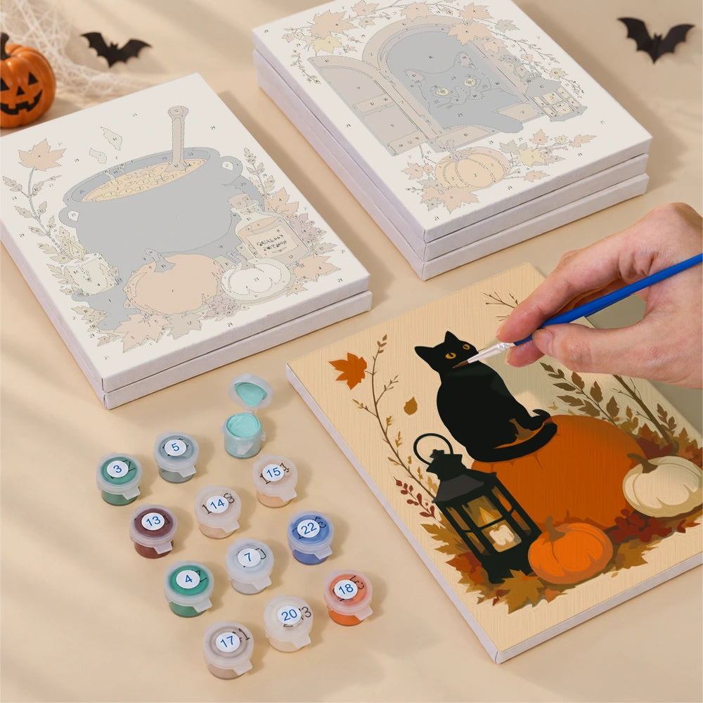 Paint by Numbers – 6 Mini Paintings | Rustic Autumn Halloween Set