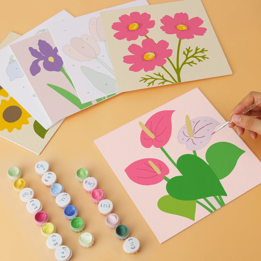 Paint by Numbers – 6 Mini Paintings | Simple Garden Blooms (Square)