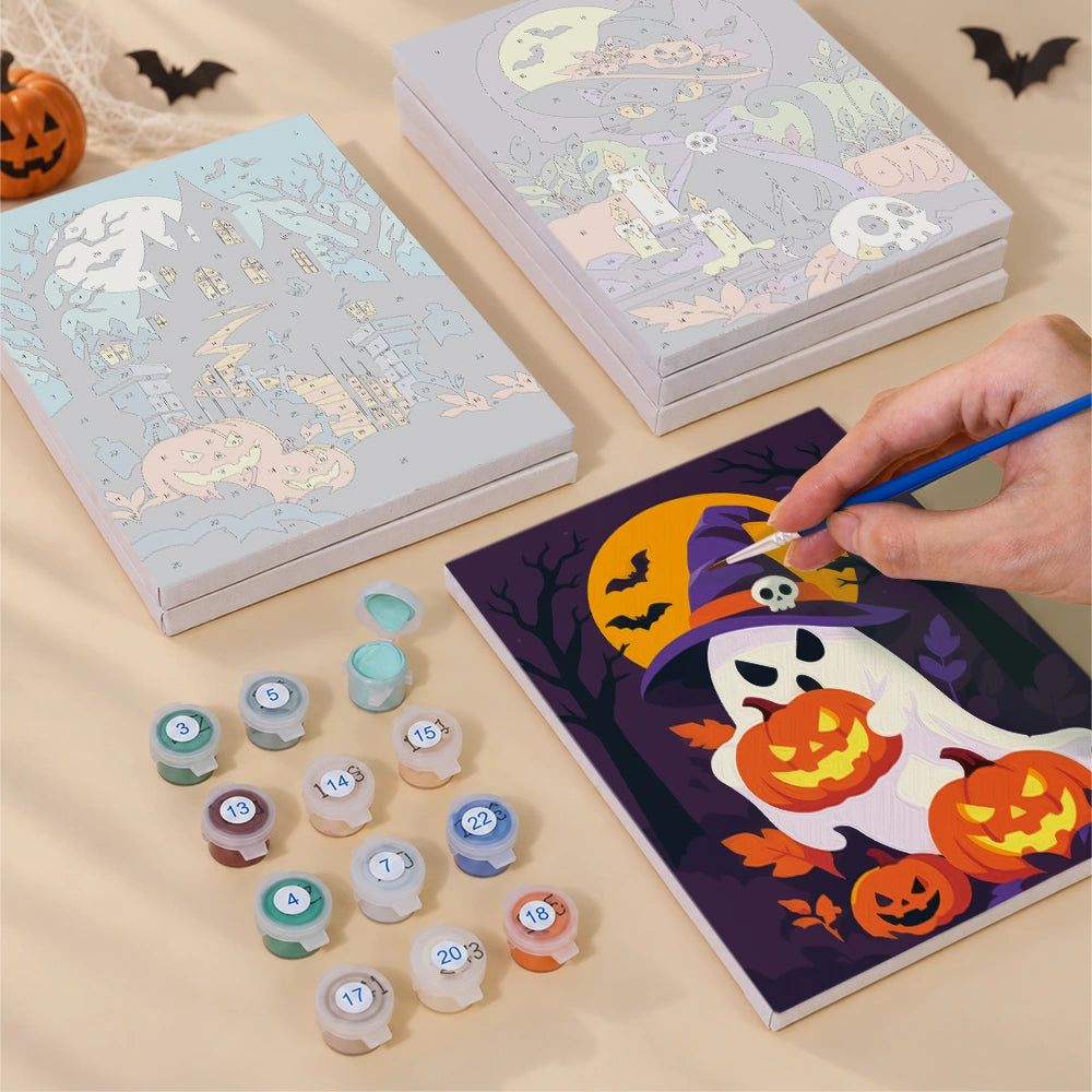 
Paint by Numbers – 6 Mini Paintings | Skulls and Pumpkins by Moonlight Set