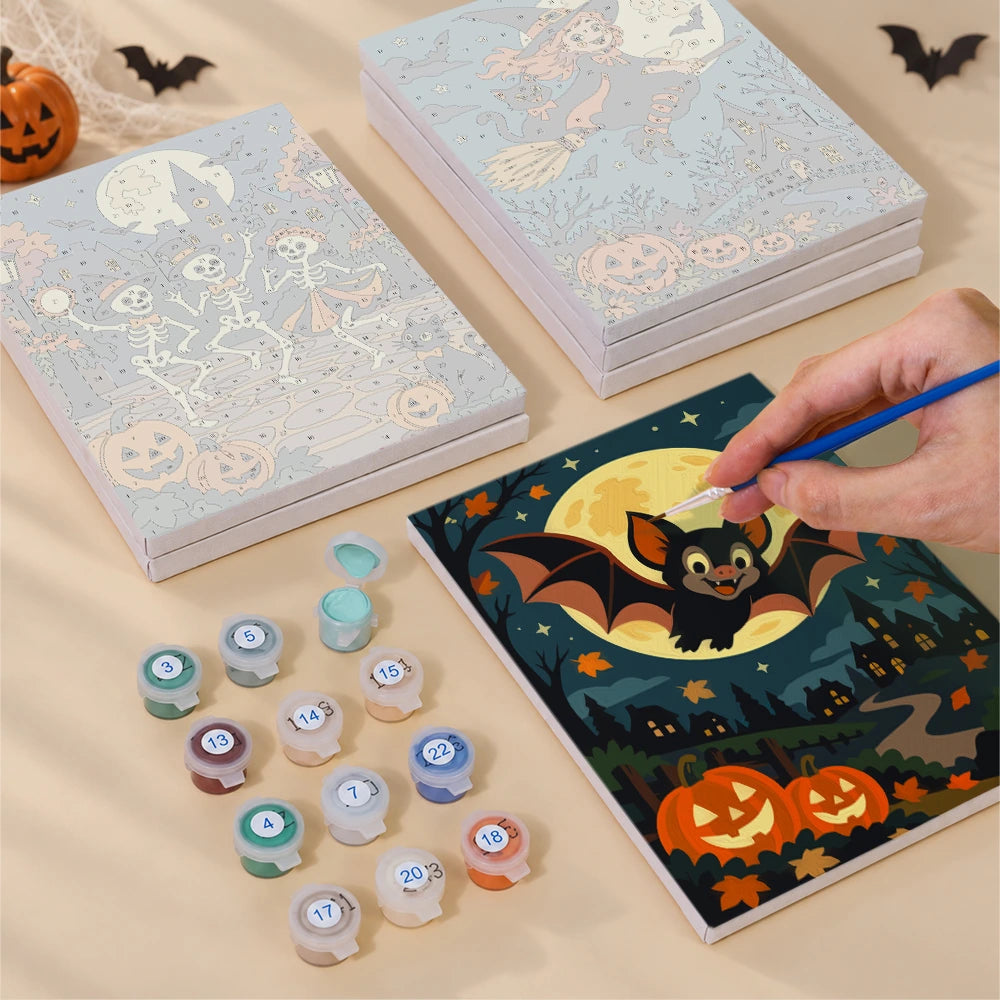Paint by Numbers – 6 Mini Paintings | Vintage Moon Face Haunted Village Set