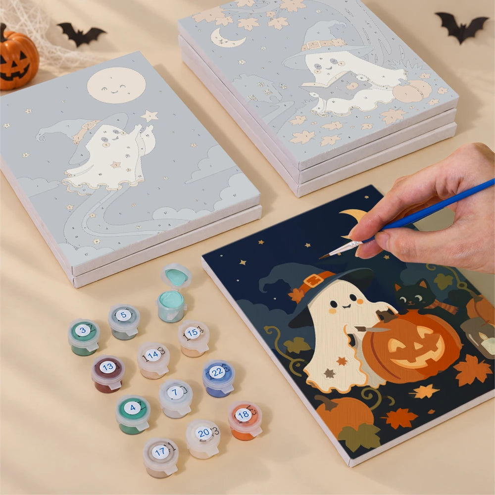 
Paint by Numbers – 6 Mini Paintings | Witch Hat Ghosts at Night Set