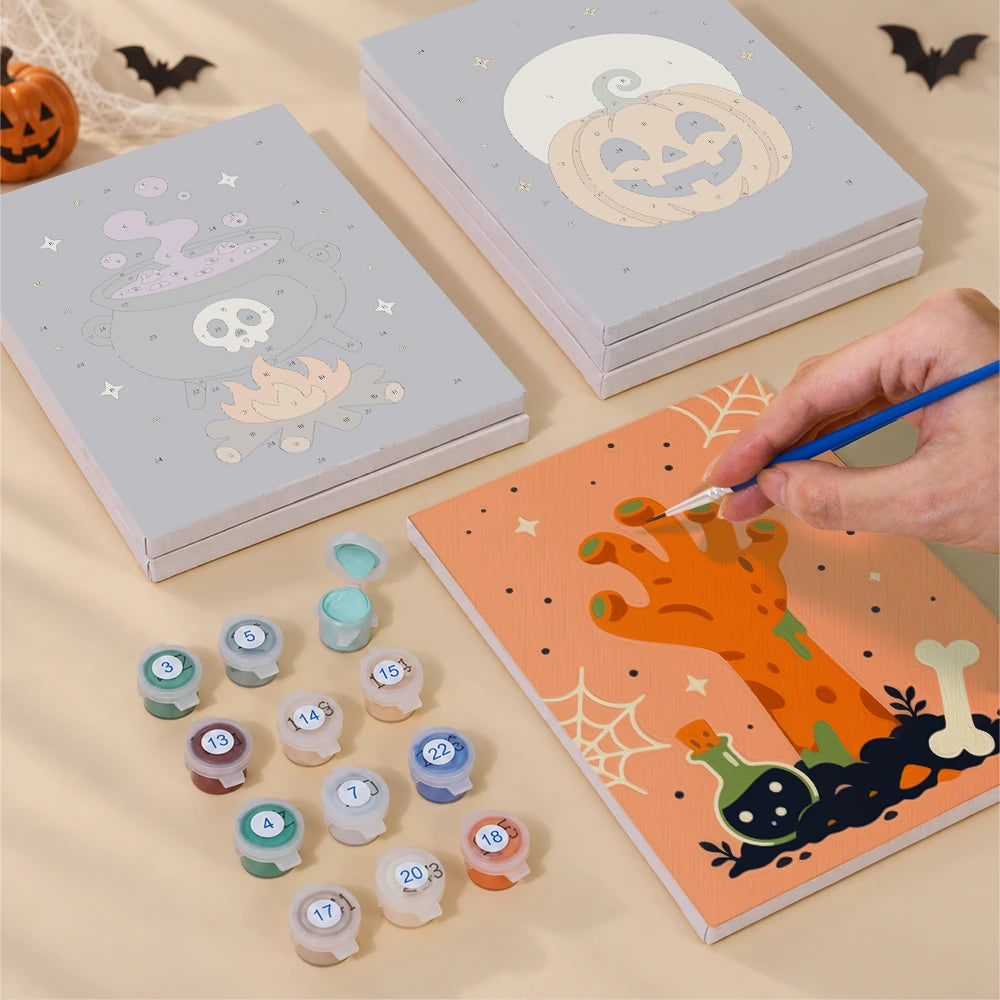 Paint by Numbers – 6 Mini Paintings | Witch Hat Skull and Broomstick Set