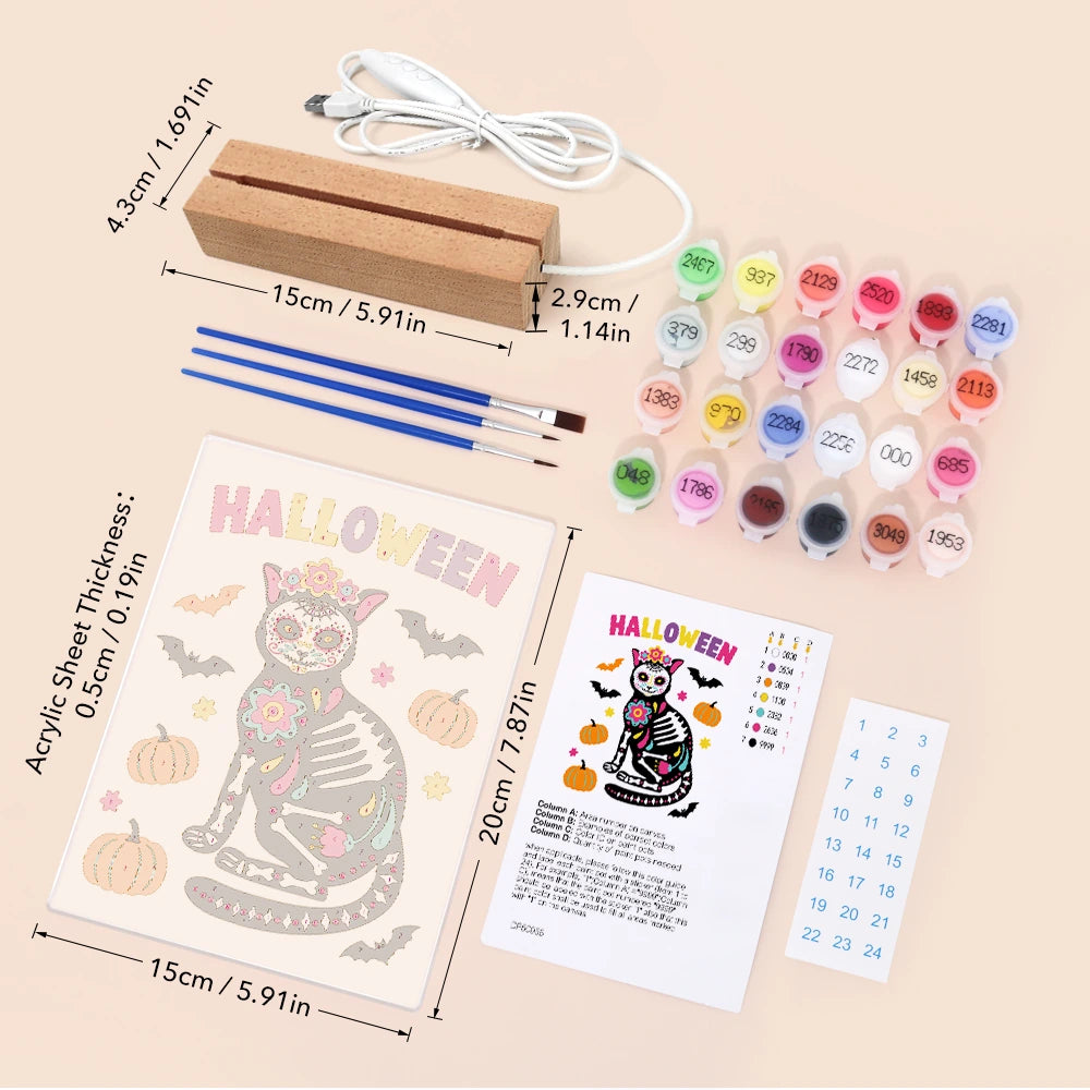 
Paint by Numbers - Halloween Light | Sugar Skull Cat with Flowers