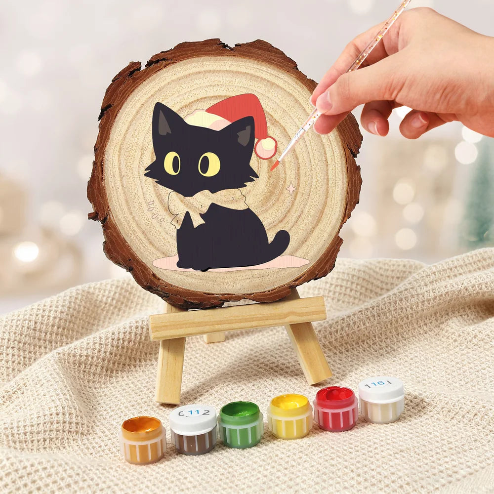 Paint by Numbers - Wood Slice | Black Cat in a Santa Hat