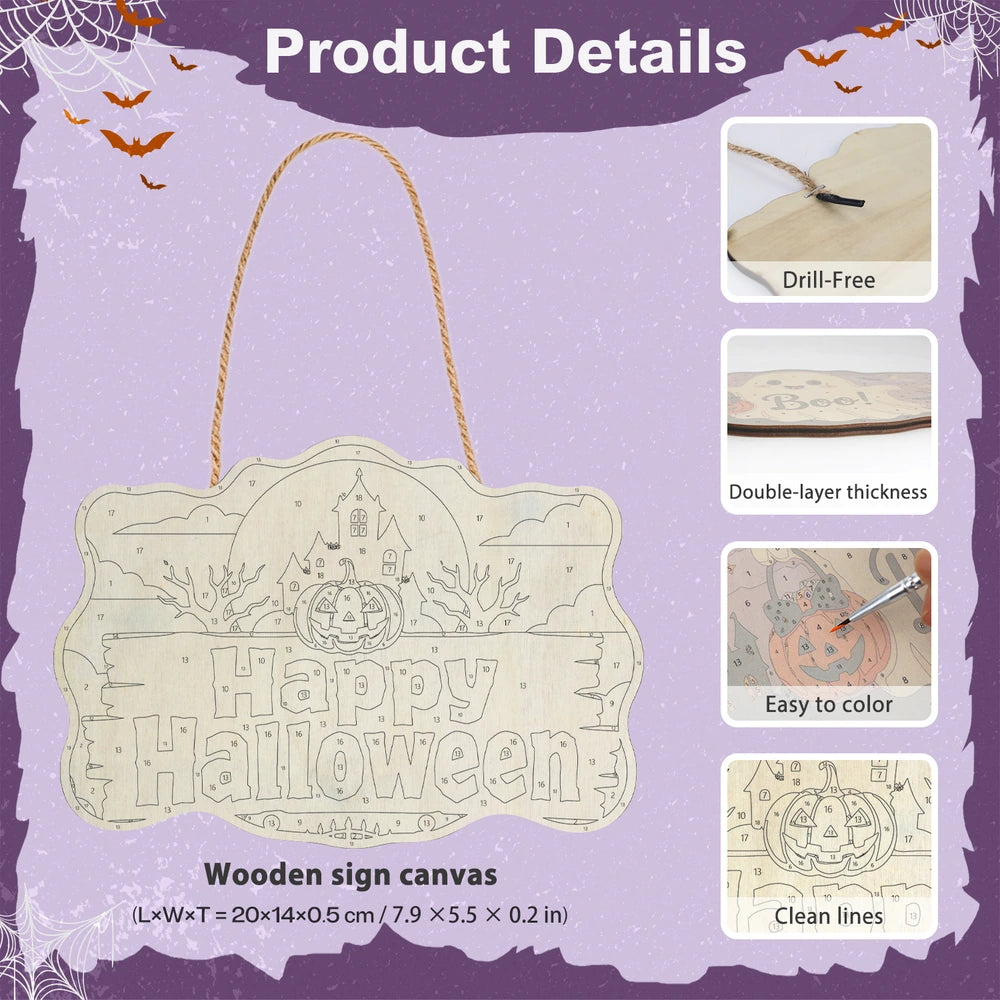 Paint by Numbers - Wooden Door Hanger | Happy Halloween Haunted House Sign