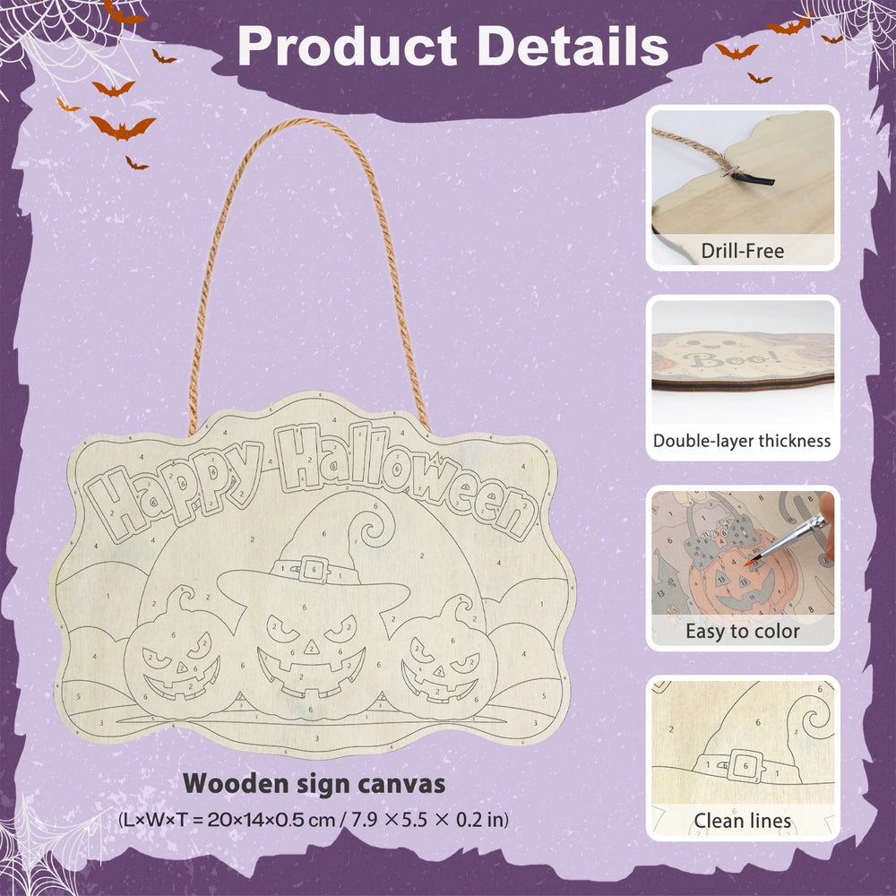 Paint by Numbers - Wooden Door Hanger | Happy Halloween Pumpkins in a Witch Hat