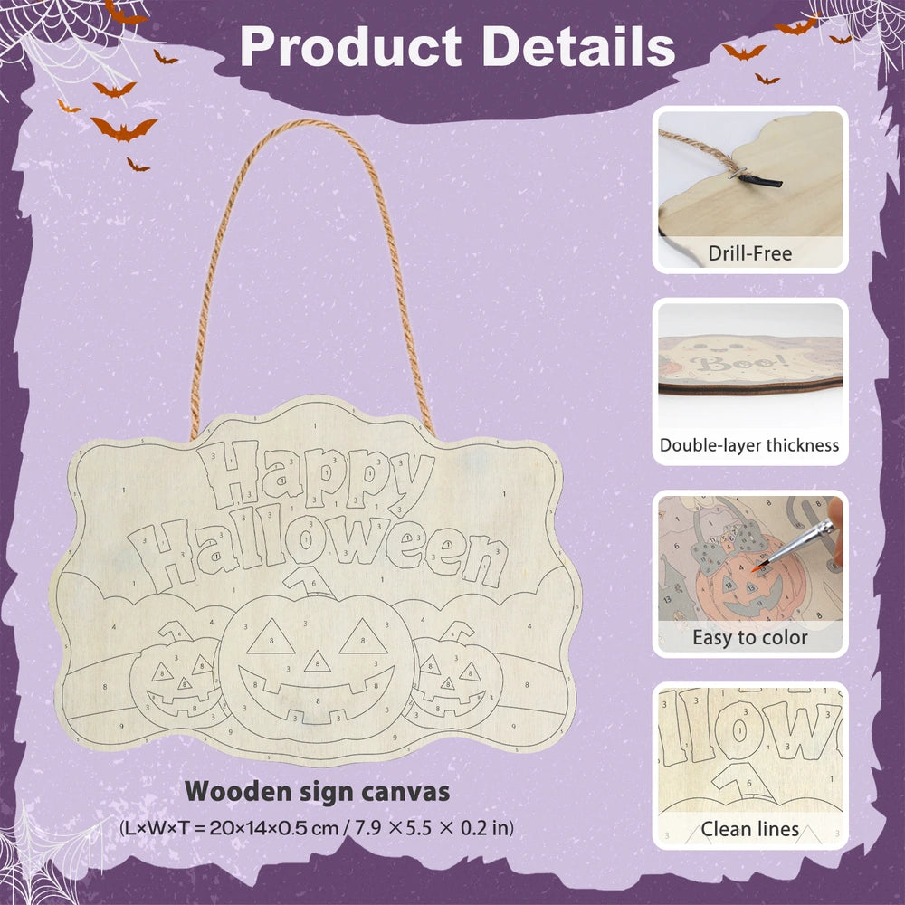 Paint by Numbers - Wooden Door Hanger | Happy Halloween Three Pumpkins