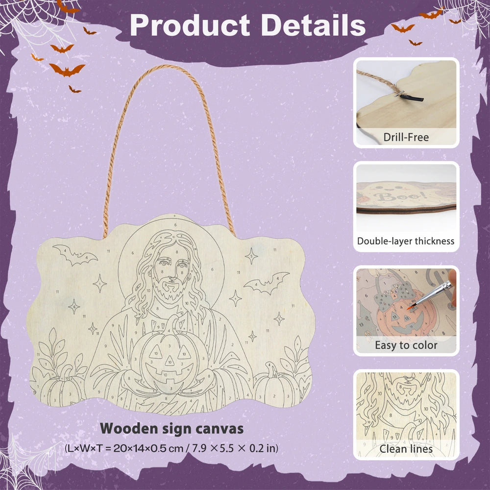 Paint by Numbers - Wooden Door Hanger | Jesus with a Jack-o'-Lantern in Autumn