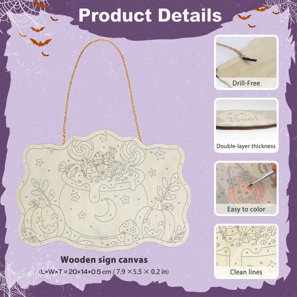 Paint by Numbers - Wooden Door Hanger | Lollipop Cauldron with Pumpkins