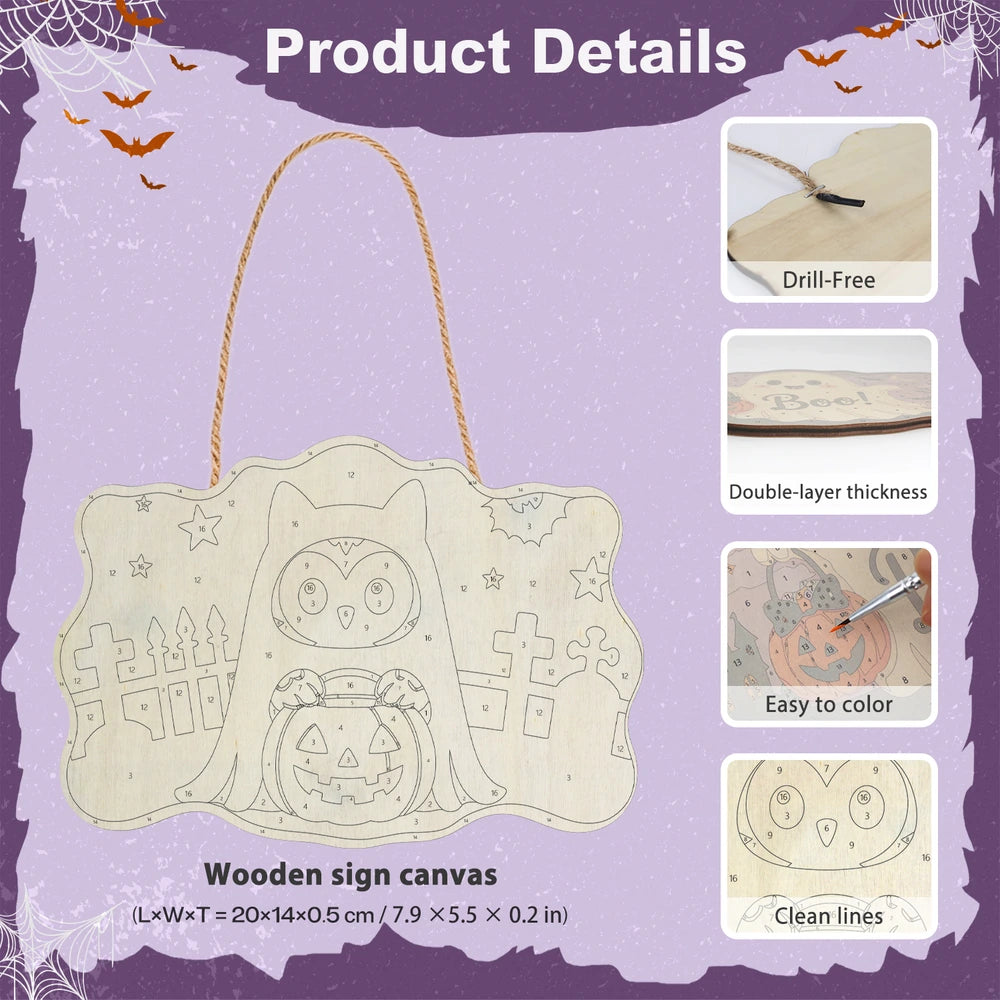 Paint by Numbers - Wooden Door Hanger | Owl Ghost with a Pumpkin