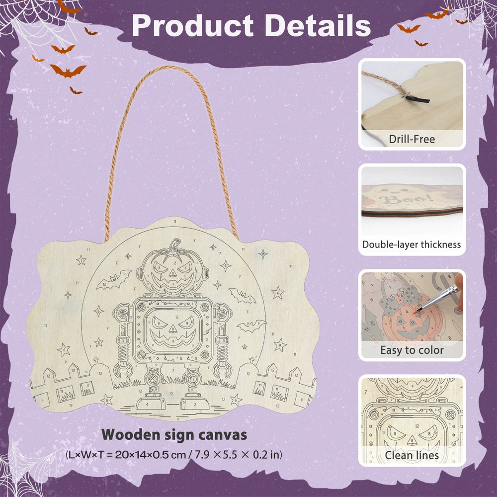 
Paint by Numbers - Wooden Door Hanger | Pumpkin Robot Under the Moon
