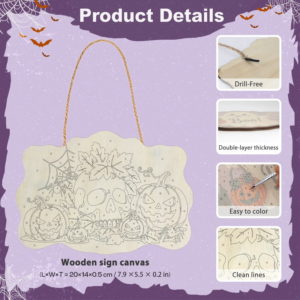 Paint by Numbers - Wooden Door Hanger | Skull with Autumn Leaves and Pumpkins
