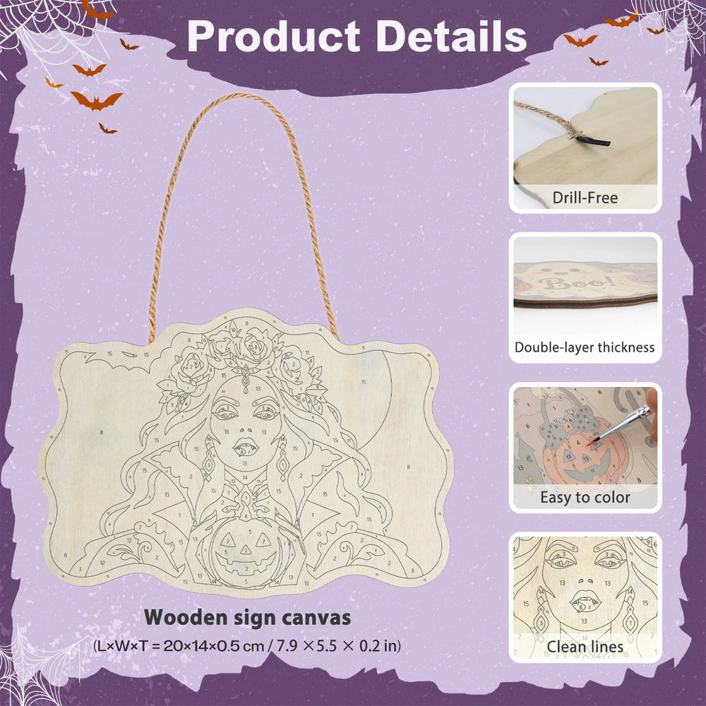 
Paint by Numbers - Wooden Door Hanger | Vampire Queen with a Jack-o'-Lantern