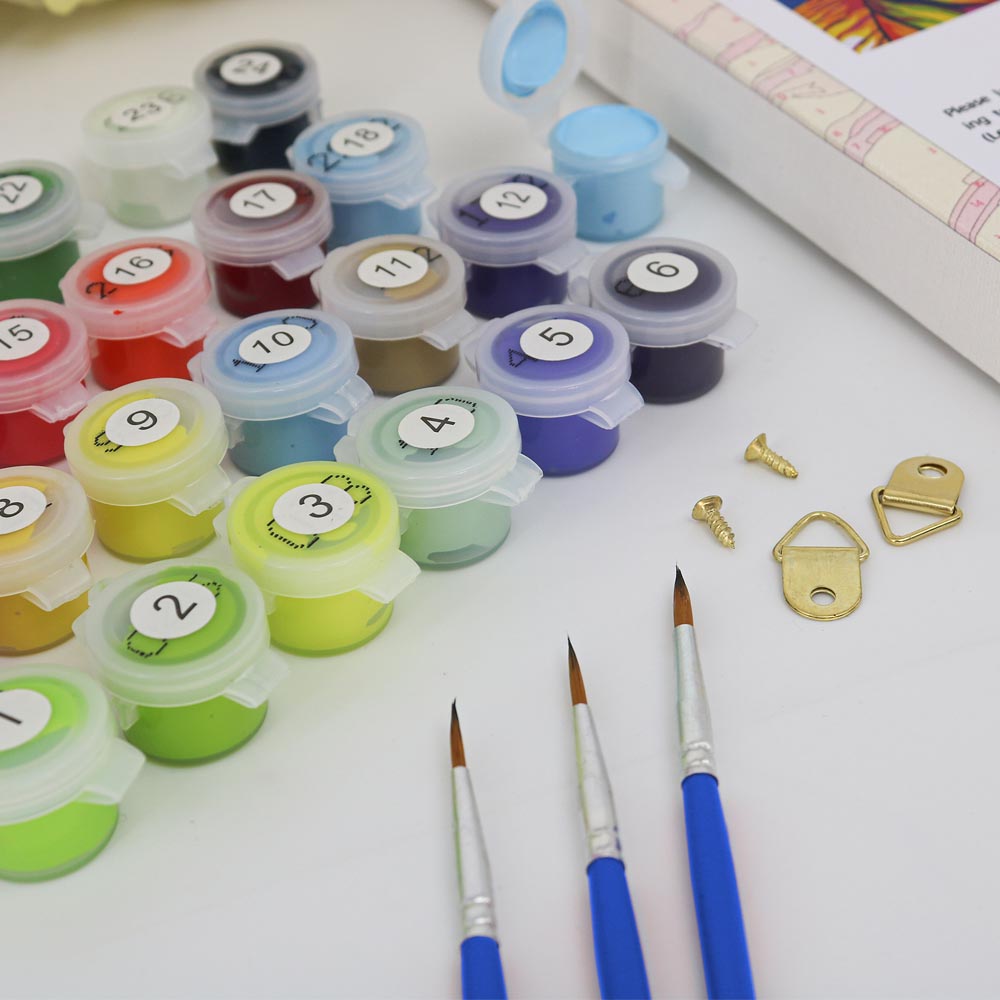 Paint by Numbers DIY kit with numbered acrylic paint pots, fine detail brushes, and hanging accessories. Perfect for beginners and experienced artists, this complete set includes everything needed to create a stunning masterpiece.