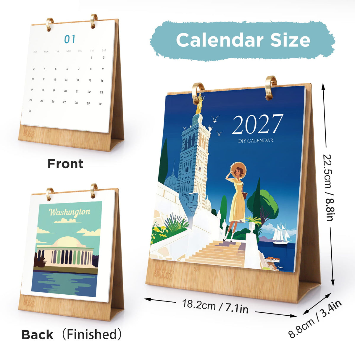 
A desktop folding calendar shown on a white background with front and back views plus size measurements. The main view shows a 2027 DIY calendar with a colorful illustrated cover featuring a woman, stairs, water, and a tower, mounted in a light wood stand.