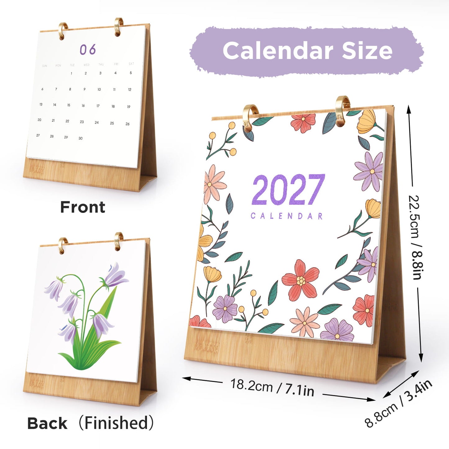 A desktop calendar shown in front and back views on a white background, with dimension arrows and text indicating size: 18.2 cm / 7.