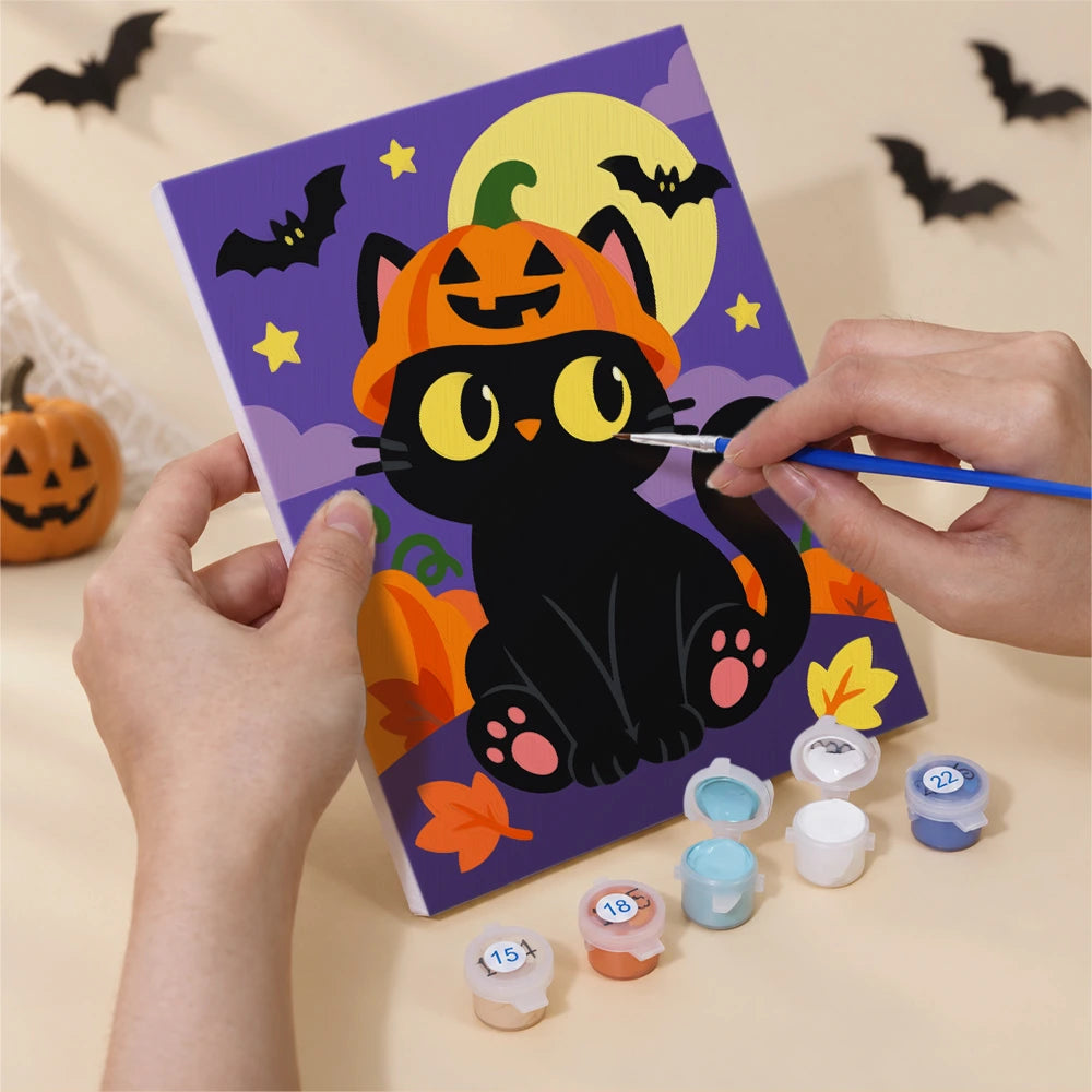 
Paint by Numbers – 6 Mini Paintings | Black Cats on Jack-o'-Lanterns Set