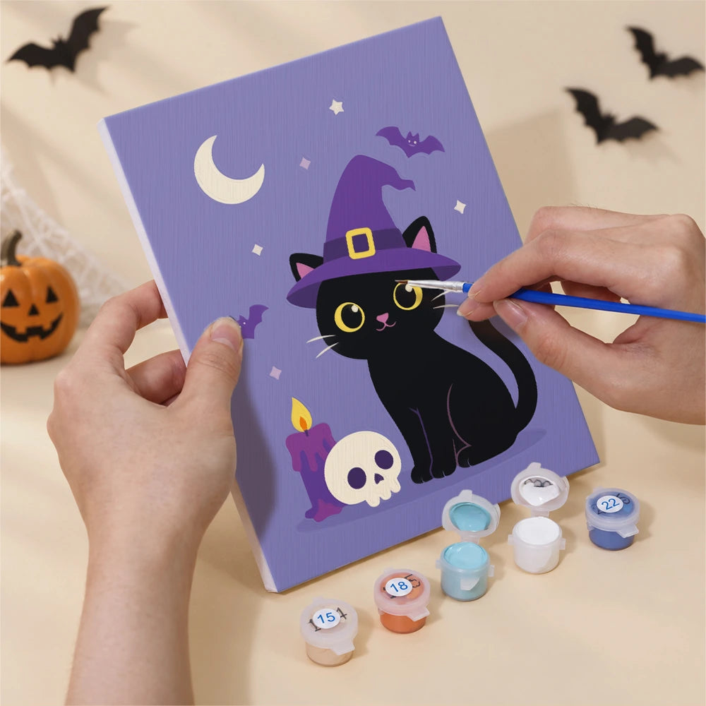 Paint by Numbers – 6 Mini Paintings | Black Cats with Jack-o'-Lanterns Set