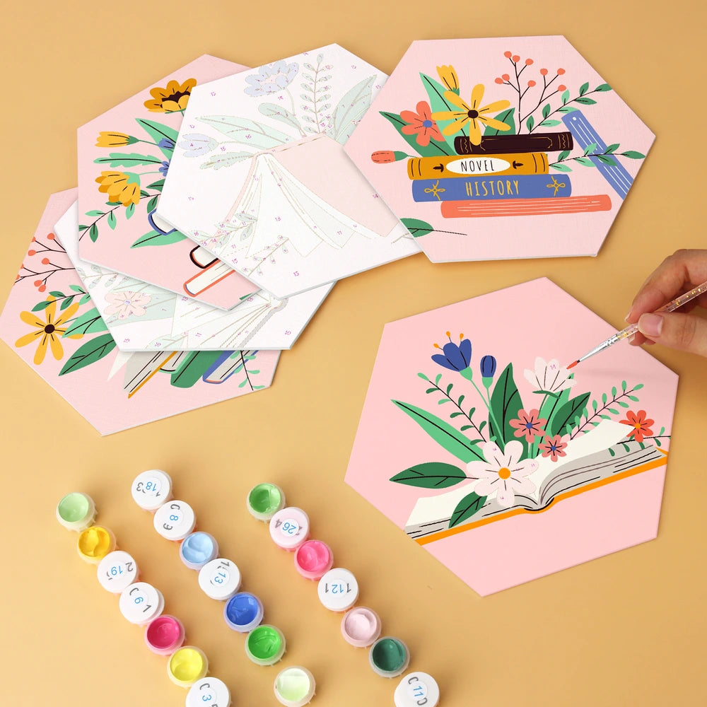 
Paint by Numbers – 6 Mini Paintings | Books and Flowers Hexagons (Hexagon)