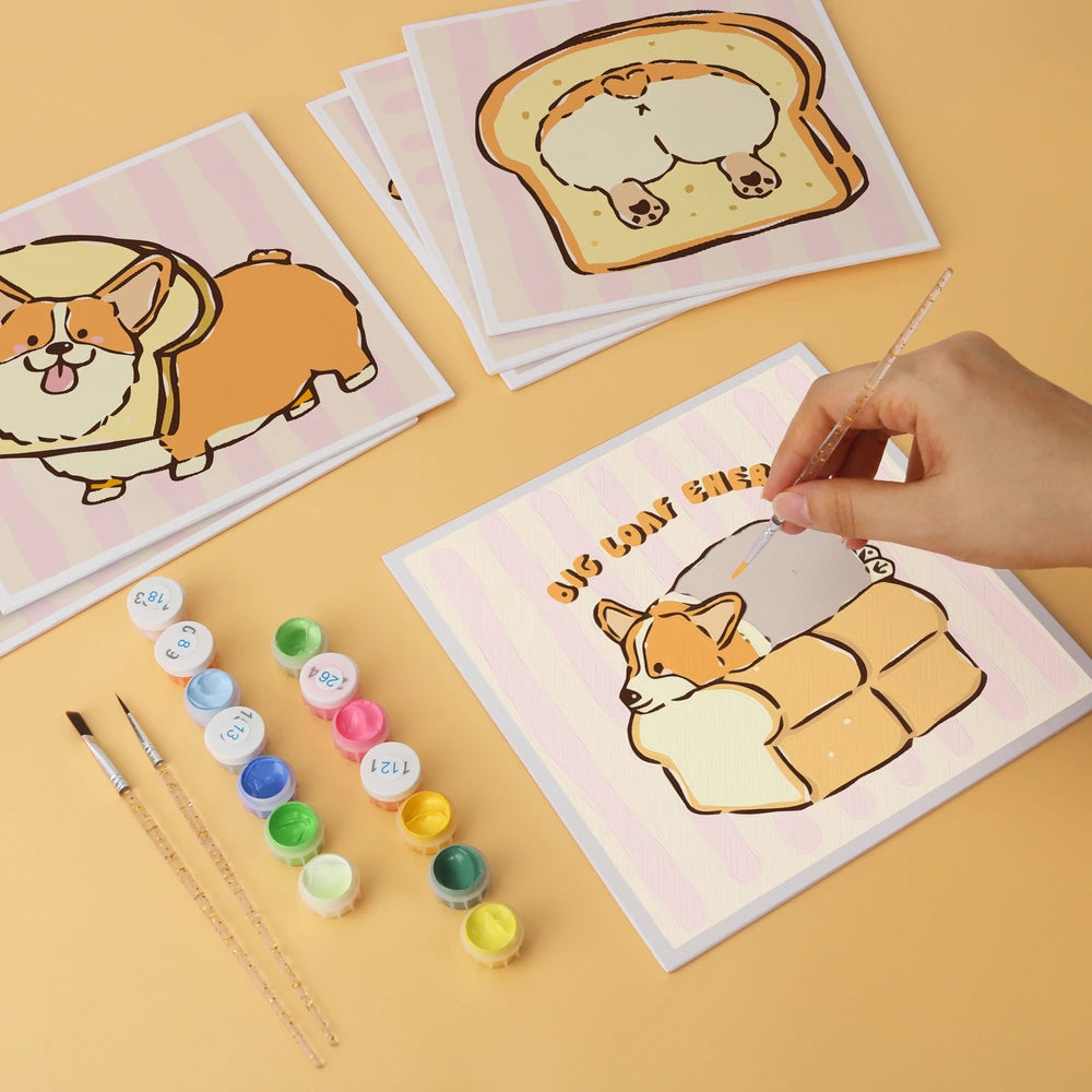 Paint by Numbers – 6 Mini Paintings | Corgi Bread Bakery (Square)