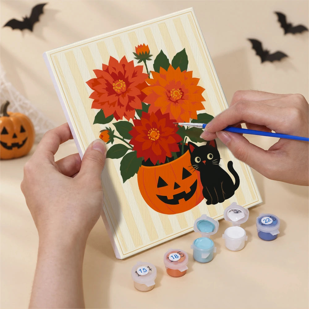 Paint by Numbers – 6 Mini Paintings | Floral Halloween Cats and Pumpkins Set