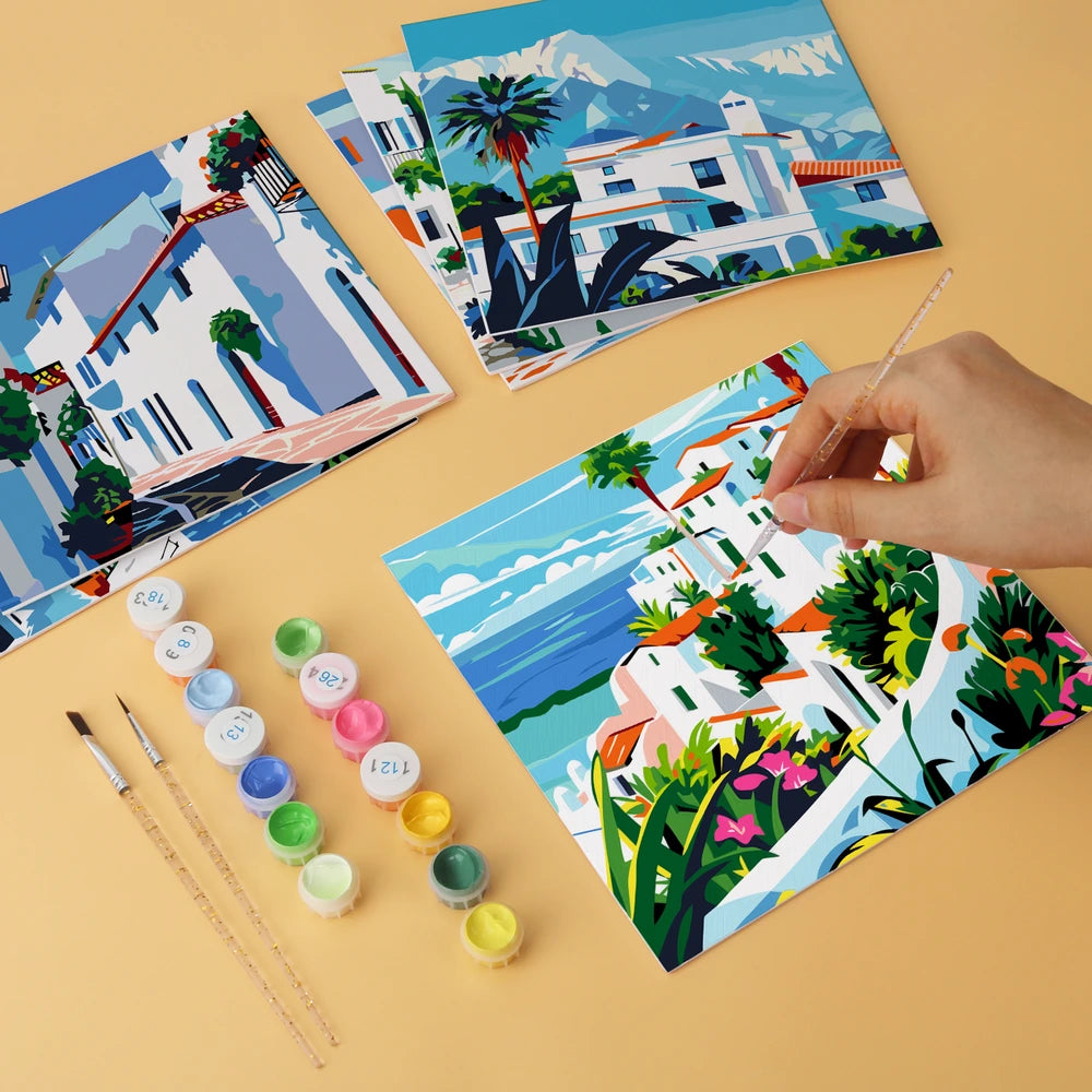 
Paint by Numbers – 6 Mini Paintings | Greek Island Alleys (Square)