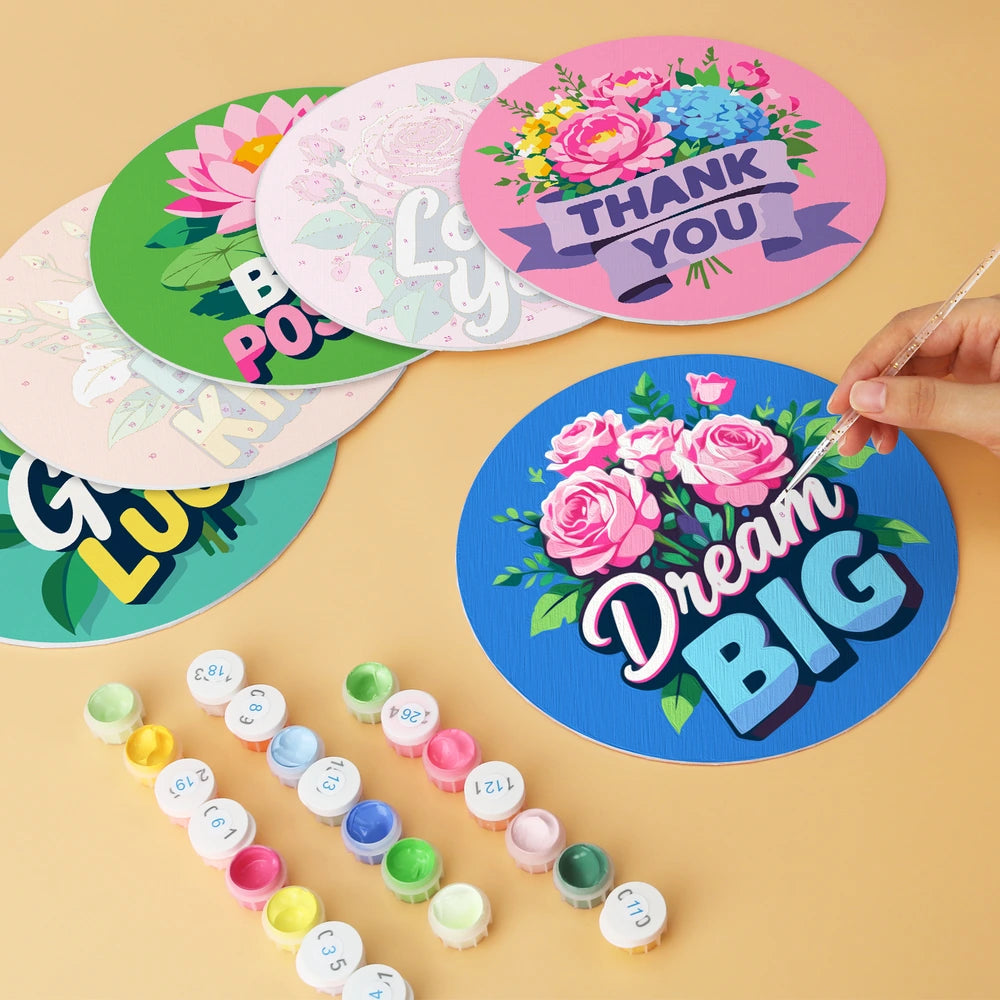 
Paint by Numbers – 6 Mini Paintings | Kind Words Flower Rounds (Round)