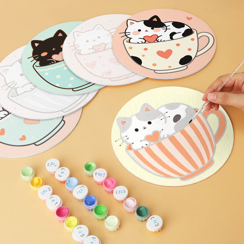 Paint by Numbers – 6 Mini Paintings | Kittens in Teacups (Round)