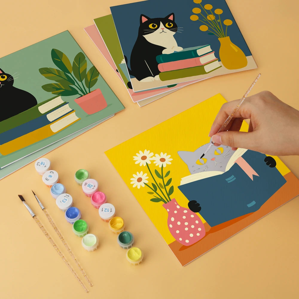 Paint by Numbers – 6 Mini Paintings | Reading Cats with Books (Square)