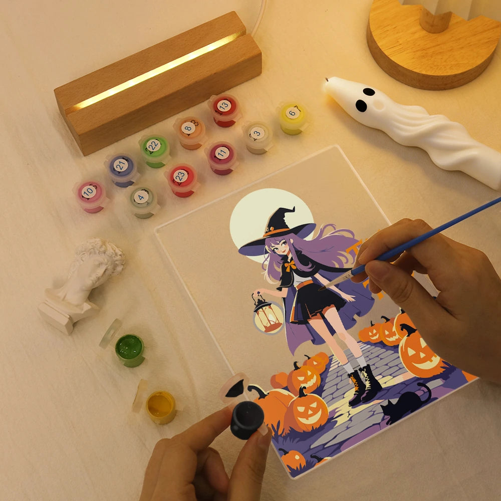 
Paint by Numbers - Halloween Light | Witch with Lantern at Full Moon