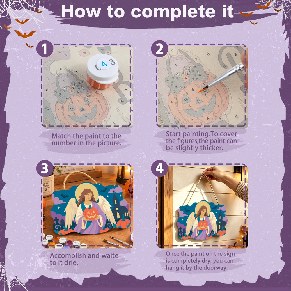 Paint by Numbers - Wooden Door Hanger | Angel with a Jack-o'-Lantern