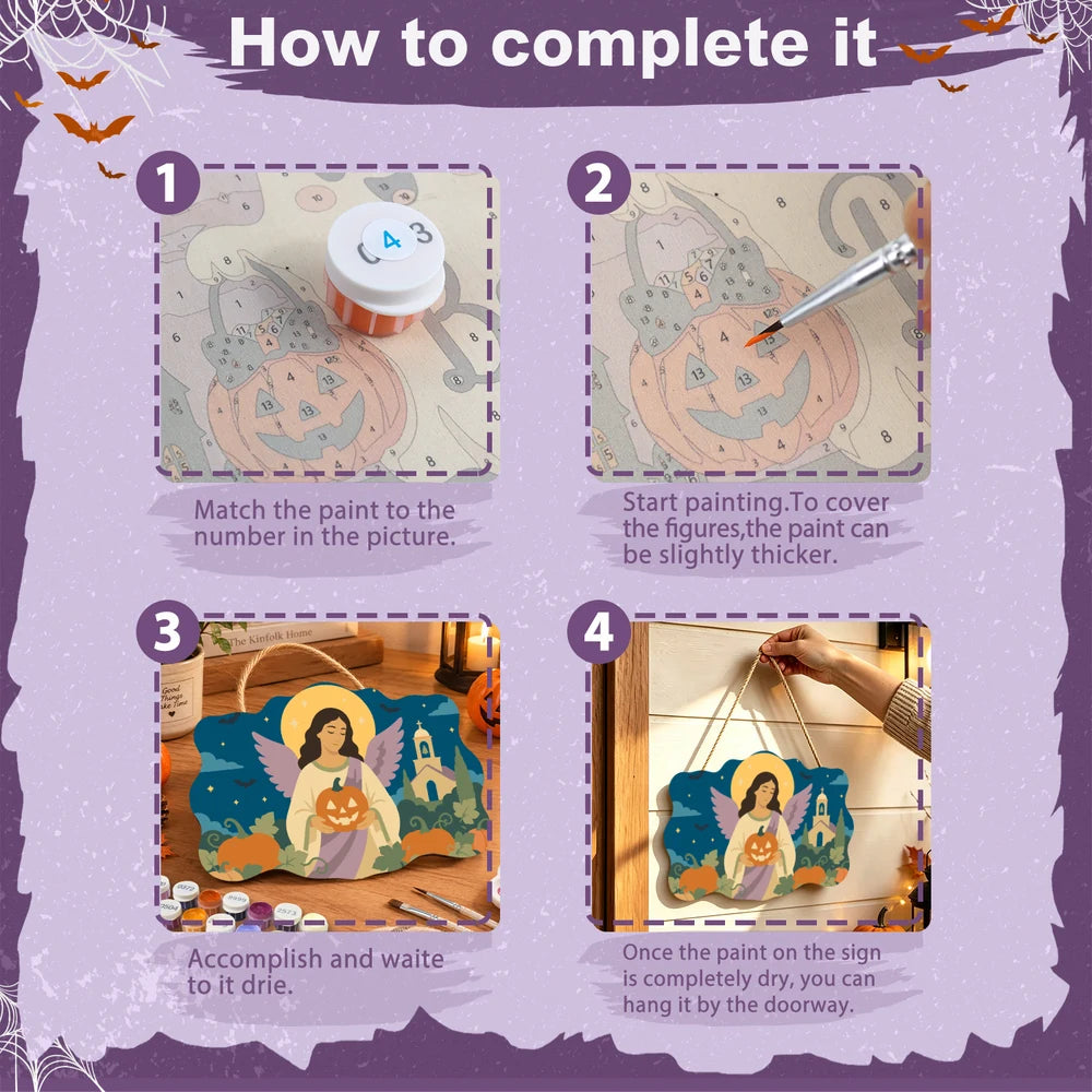 Paint by Numbers - Wooden Door Hanger | Angel with a Jack-o'-Lantern by the Church
